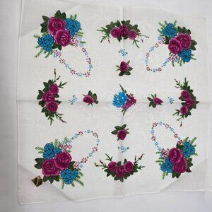 Vintage Floral Handkerchief With Pink Roses & Blue Flowers Embroidered Cotton Fa